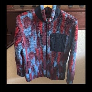 Original Use Red and Blue Zip-Up Fluffy Sherpa Tie Dye Cozy Winter Sweater Small